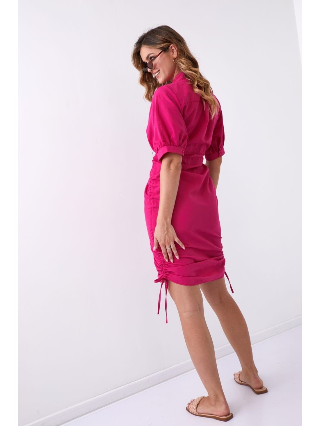 Shirt dress with ruffles on the sides, fuchsia FG649 - Online store - Boutique